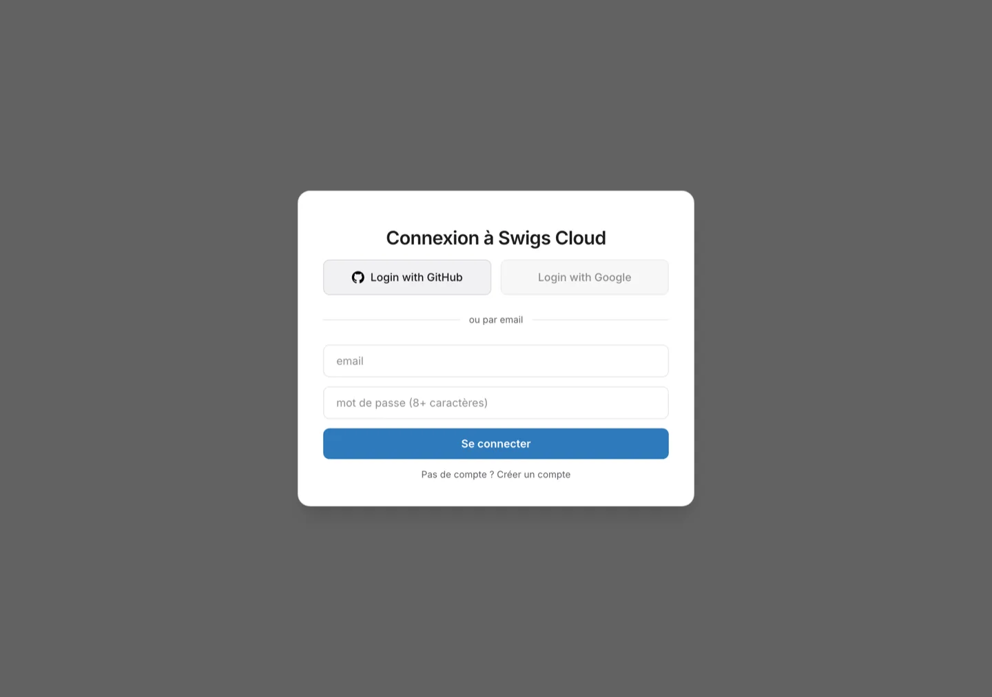 La page de configuration MCP de Swigs Cloud